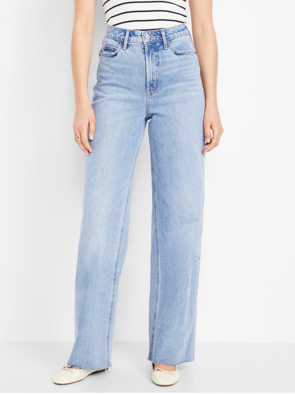 Old Navy Extra High-Rise Sky-Hi Wide Leg Jeans in Light Blue Distressed Bottoms